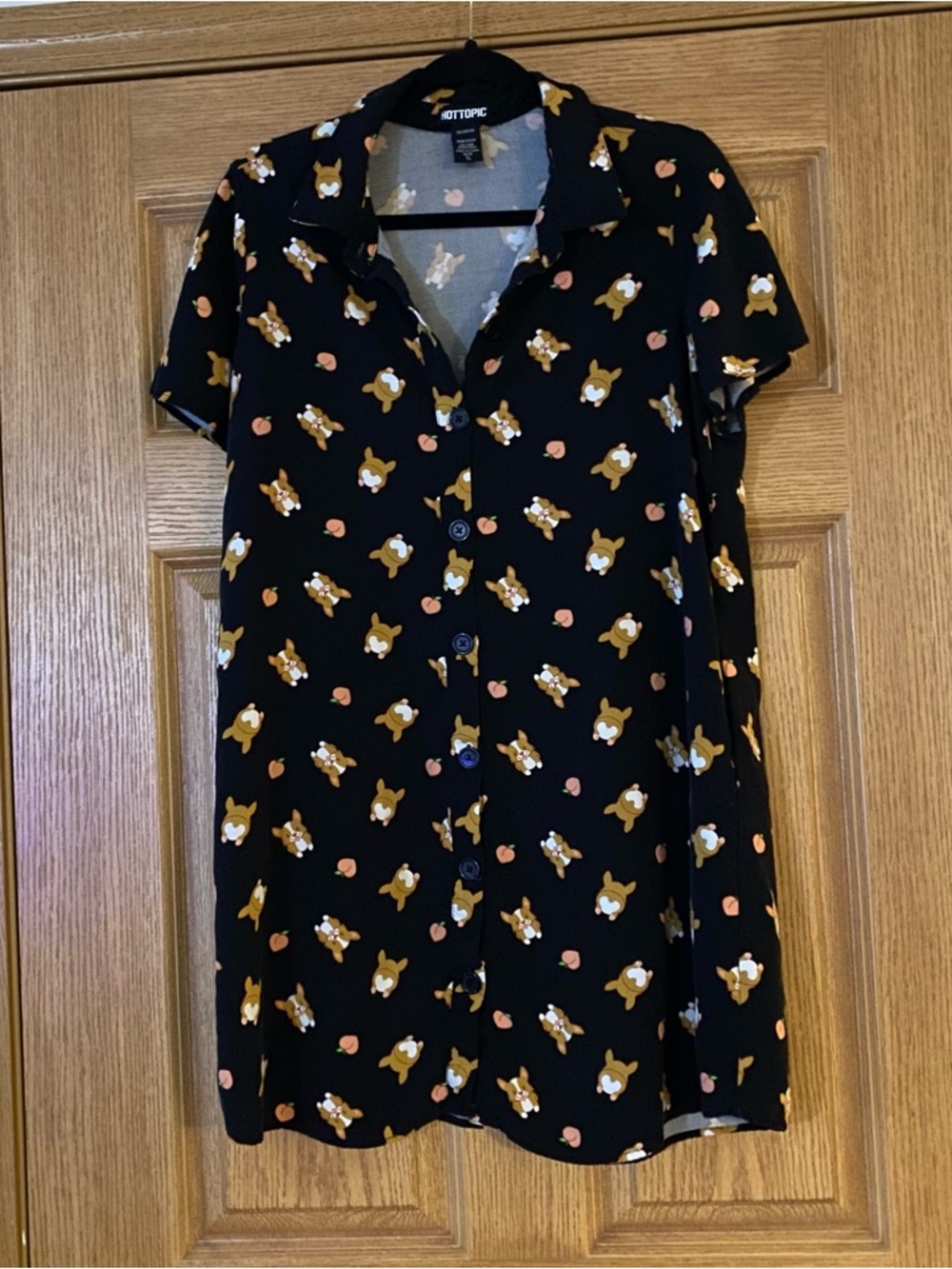 Hot Topic Women’s Corgi Peach Black Collar Button Short Sleeve Dress Moo moo XL